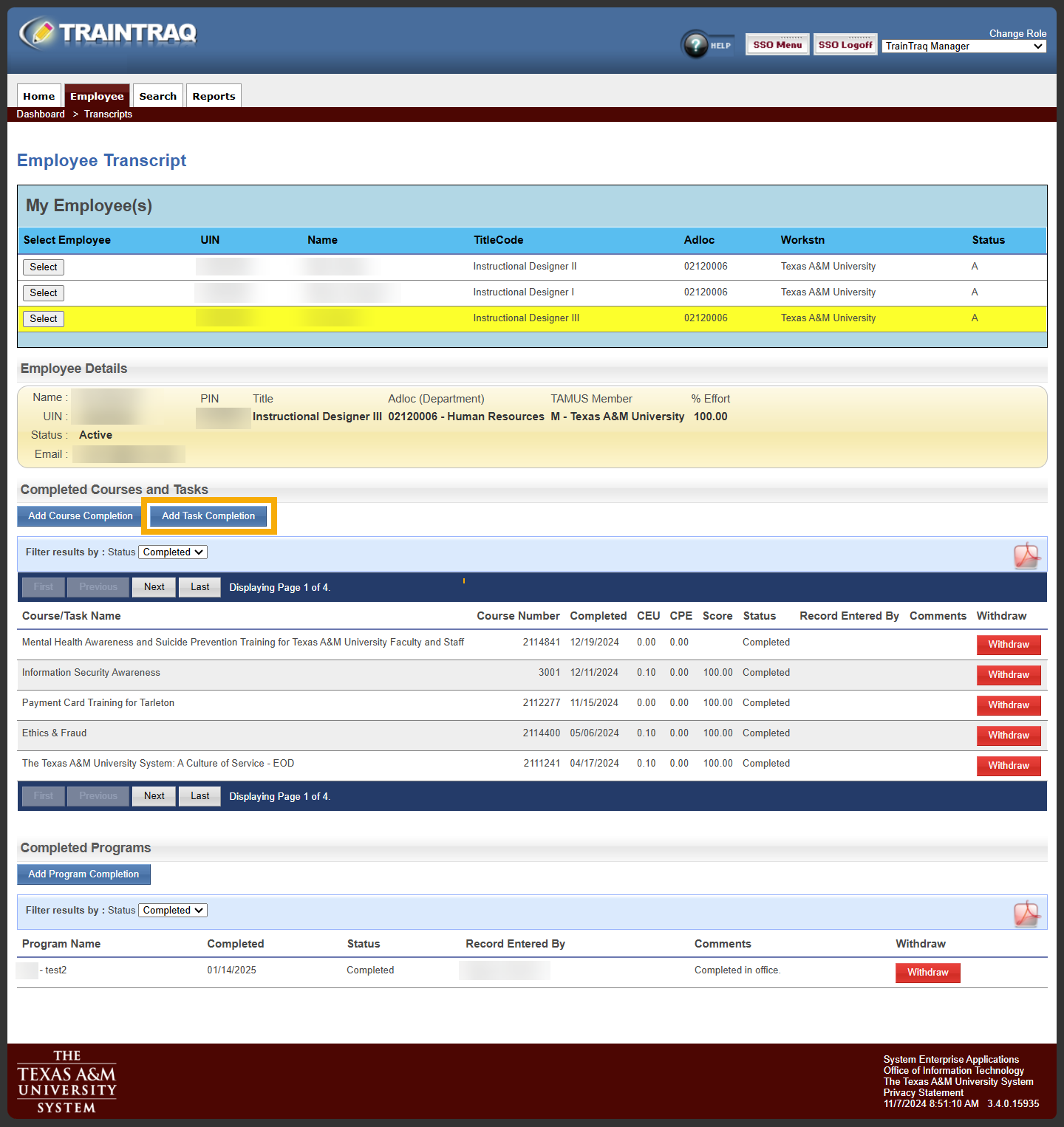 Manager view of the Employee Transcript page with the Add Task Completion button highlighted.