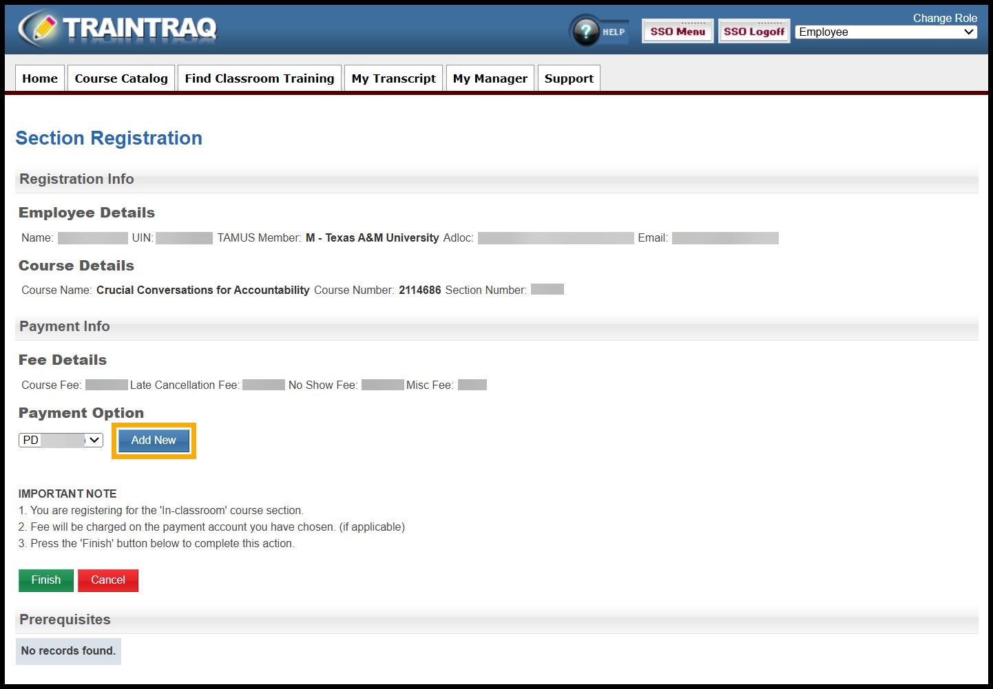 Highlights where to find the Add New button on the Section Registration page