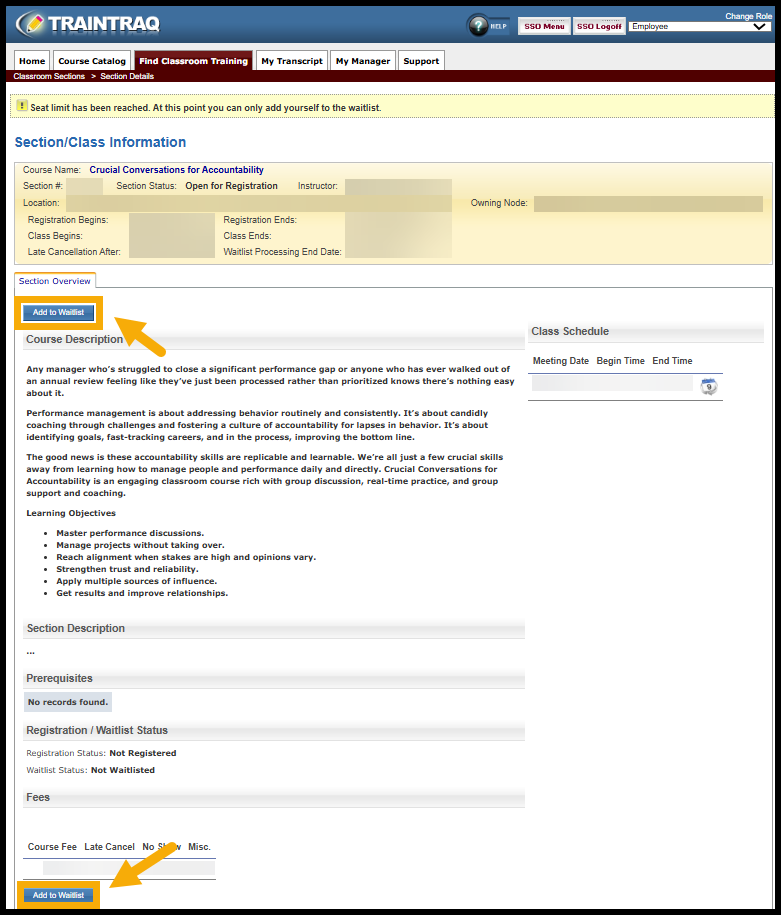 Add to Waitlist button is found at the top and bottom of the page