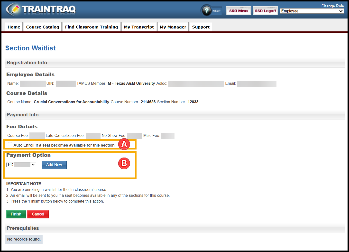 highlights Auto enrolled checkbox and Payment Option on the Section Waitlist page