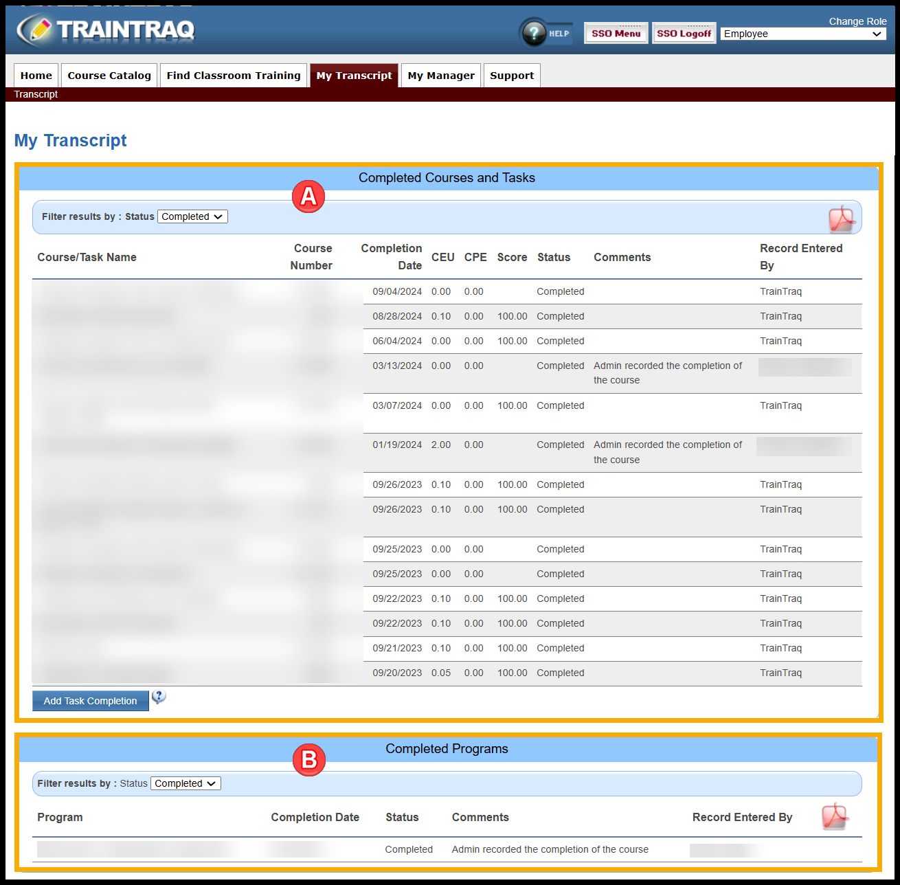 My Transcript tab displays completed courses, tasks, and programs.