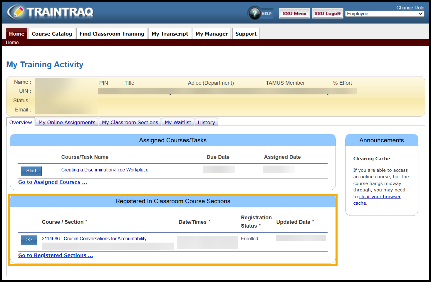 The Registered in Classroom Corse Section is found under the Overview tab
