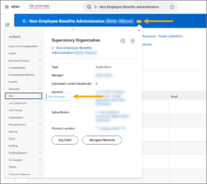Related actions menu displayed with Hire selected on primary menu and Hire Employee selected on secondary menu. 
