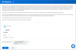 The hire employee confirmation window displaying the sup org field and OK button