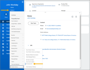 Employee's related action menu: display of worker history menu with edit system ID highlighted