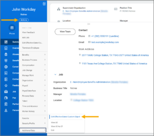 Primary menu displayed with Additional Data highlighted for emphasis and secondary menu displayed with Edit Effective Dated Custom Object highlighted for emphasis