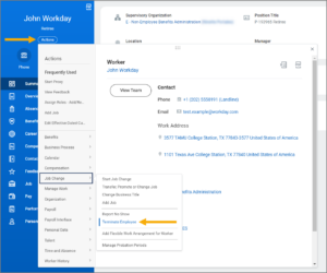 Terminate Employee task link on the related action menu of the Job Change category of the employee name's related action button