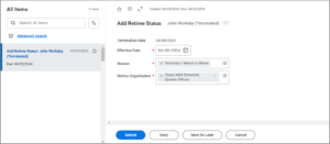 Add Retiree Status business process with entering information about termination date, effective date, reason, and retiree organization