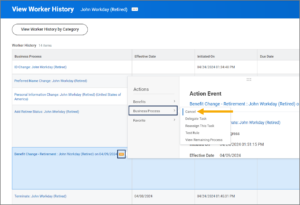 example of canceling the Workday initiated retirement benefit event from the Retiree's worker history