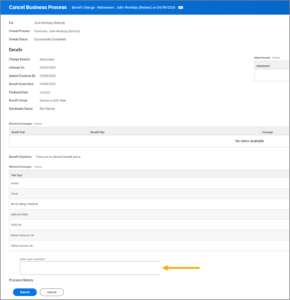 The Cancel Business Process, the comments field and submit button