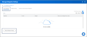 manage delegation settings page with the button Request Delegation Change highlighted for emphasis