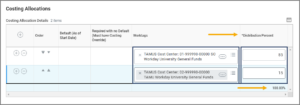 Distriubtion Percent Column displaying two cost centers whose percentages add up to 100%