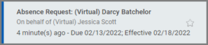 inbox task for an absence request from an employee that has been delegated to another individual. Text shows on behalf of Jessica Scott
