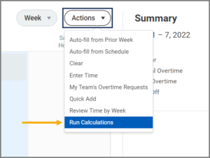 The actions button in the upper right hand corner highlighting the run calculations option from the drop down menu