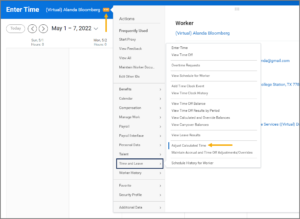 The related actions icon on the Enter Time page is selected, showing how to navigate by selecting time and leave, followed by adjust calculated time