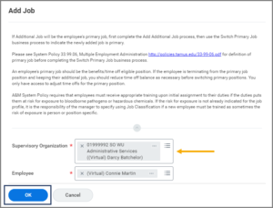 Add Job Window accessed from the Worker Profile emphasizing the Supervisory Organization field