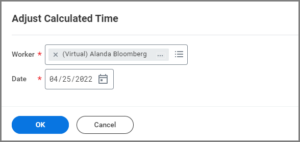 The Adjust Calculated Time Window displaying the worker and date fields.