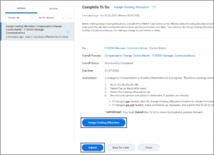 The Assign Costing Allocation Action Item in the inbox