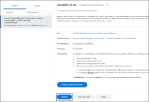 The Assign Costing Allocation Action Item in the inbox with only the submit button highlighted