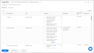 The Assign Roles inbox item; showing the role enabled for, role, assigned to, default worker, and current effective date columns