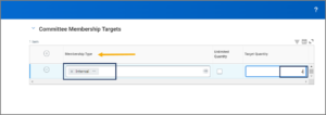 Committee Membership Targets page displayed with fields Membership Type, Unlimited Quantity and Target Quantity
