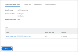 The Background Process page showing the finalize open benefit events tab along with the done button