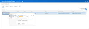 The view worker history by category page displaying a business process (hire) with its related actions icon selected