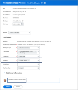 The correct business process page emphasizing the location field and comment field