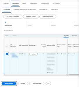 The Candidates within the parent Candidates tab, displaying a checked checkbox next to a sample job application row