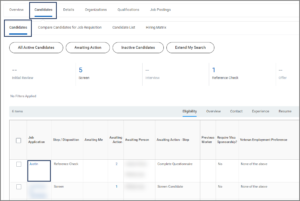 The Candidates Tab within the above Candidates Tab, highlighting an example job applicant's name (which is a link) under the job application column