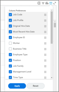 the column preferences menu with sample columns selected, frozen and rearranged by dragging