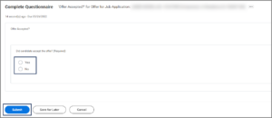 The Complete Questionnaire inbox item. The answers Yes and No are emphasized, as well as the submit button at the bottom