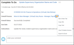 To Do: Update Supervisory Organization Name and Code with actions icon of Overall Process highlighted.