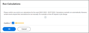 The run calculations window displaying the confirm checkbox underneath text prompting the user to please confirm if you wish to run calculations