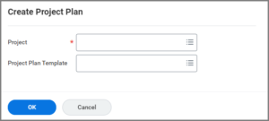 The Create Project Plan Window showing the project and project plan template fields