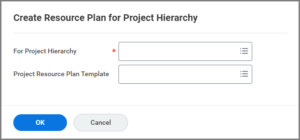 TheCreate Resource Plan for Project Hierarchy Window showing the for project hierarchy field