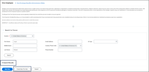 Search prehires section with Create New Prehire button selected and 0 search results highlighted for emphasis
