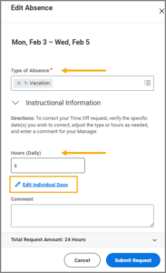 Edit Absence pop-up options