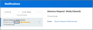 An employee's notification indicating the absence request was denied