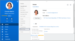 An Employee's worker profile showing how to navigate to the edit service dates