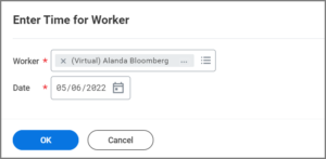 The Enter Time for Worker Window displaying the worker and date fields