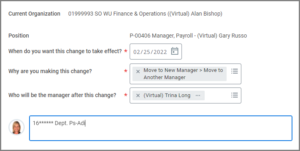 Screen showing required fields and comments filled with data to complete the move to new manager process.
