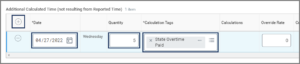 An Example Calculated Time Adjustment highlighting the plus sign to add a new row, the date, quantity, and calculation tags fields