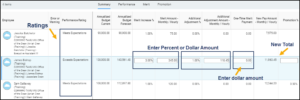 The merit grid. The performance rating column is emphasized. The data in several columns related to percent or dollar amounts are emphasized.
