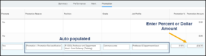 The promotion tab displaying the auto-populated data for the promotion reason, position, grade and job profile columns. Values are entered in the promotion % and promotion amount columns