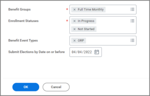 The Finalize Open Benefit Events Now window displaying the benefit groups, enrollment statuses, benefit event types and submit elections by date on or before fields
