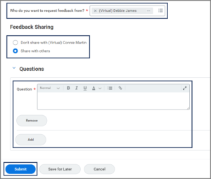 The Get Feedback Page page with the feedback sharing and questions sections highlighted