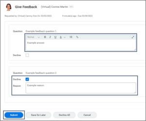 The Give Feedback Inbox Task displaying two question, one of them has the decline checkbox selected