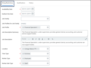 Hiring restrictions tab