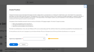 Create Position page and field to designate the supervisory organization is highlighted for emphasis